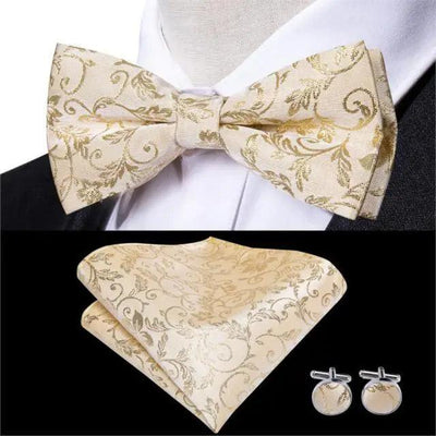 Luxury Beige Silk Bow Tie Set with Cufflinks