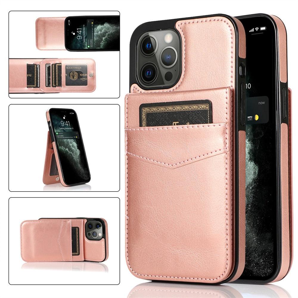 Coque de téléphone en cuir de luxe avec porte-cartes pour iPhone