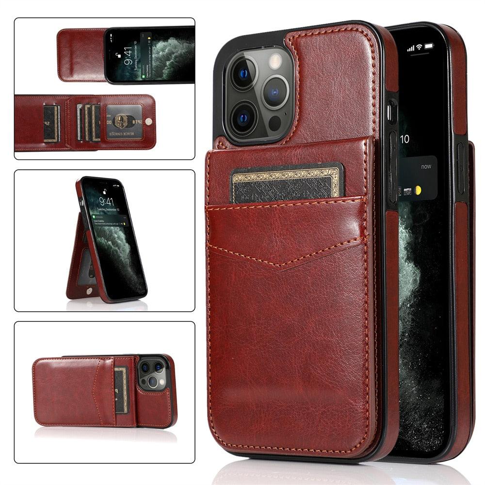 Coque de téléphone en cuir de luxe avec porte-cartes pour iPhone