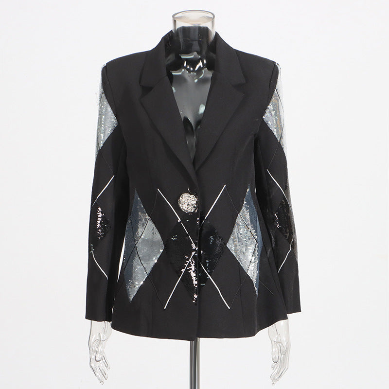 Luxury casual small suit with fashionable patchwork sequin design one button suit jacket for women - Korvel