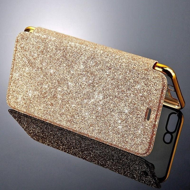 Étui portefeuille en cuir pailleté de luxe pour iPhone
