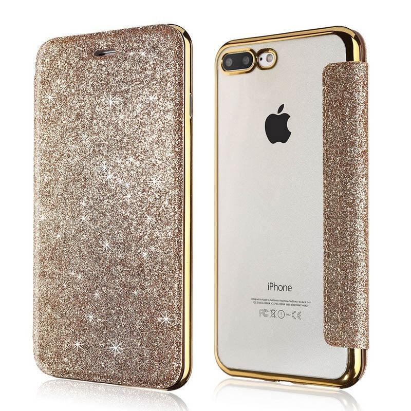 Étui portefeuille en cuir pailleté de luxe pour iPhone