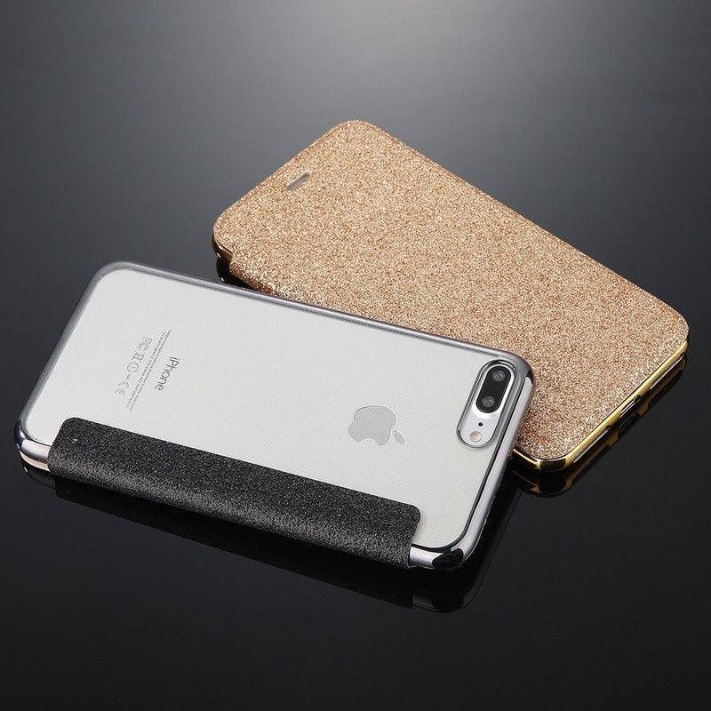 Étui portefeuille en cuir pailleté de luxe pour iPhone