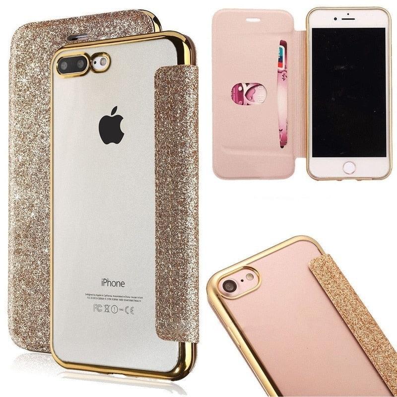 Étui portefeuille en cuir pailleté de luxe pour iPhone