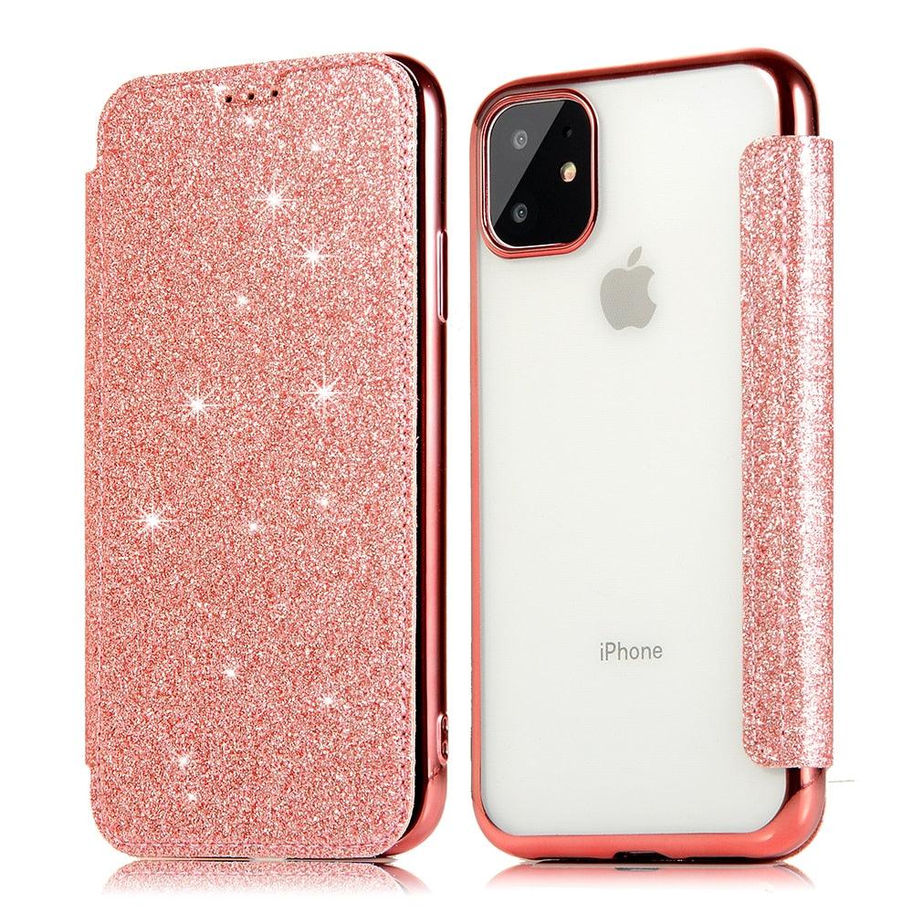 Étui portefeuille en cuir pailleté de luxe pour iPhone