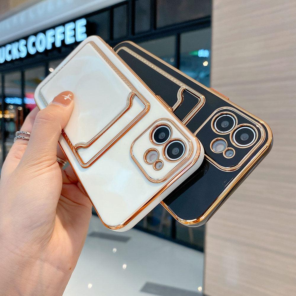 Funda de teléfono de lujo chapada en oro con ranura para tarjetas para iPhone