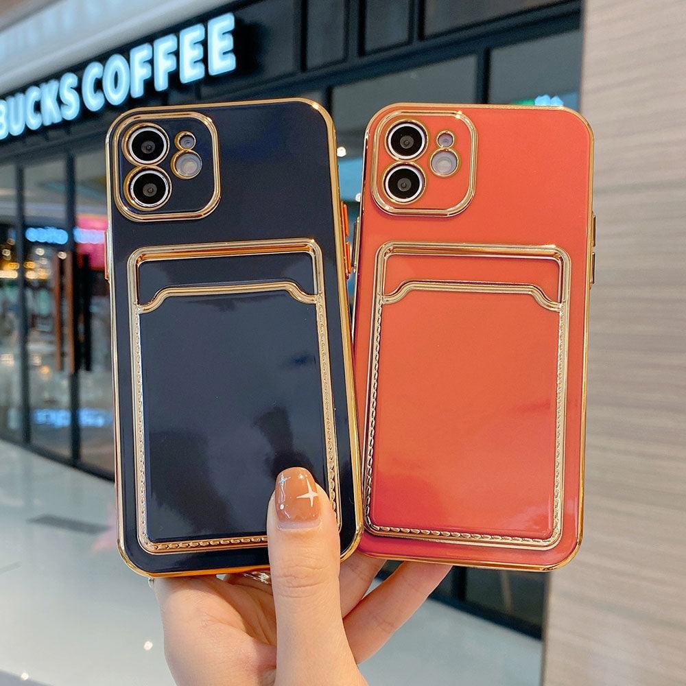 Funda de teléfono de lujo chapada en oro con ranura para tarjetas para iPhone