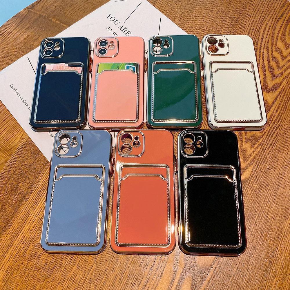Funda de teléfono de lujo chapada en oro con ranura para tarjetas para iPhone