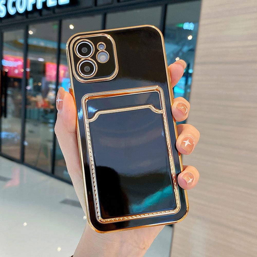 Funda de teléfono de lujo chapada en oro con ranura para tarjetas para iPhone