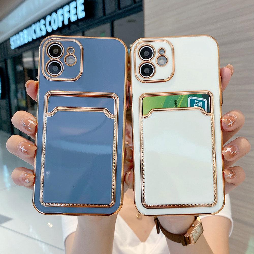 Funda de teléfono de lujo chapada en oro con ranura para tarjetas para iPhone
