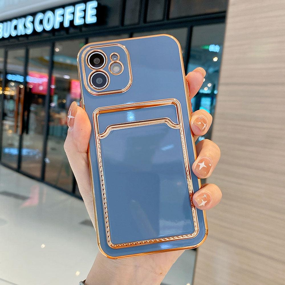 Funda de teléfono de lujo chapada en oro con ranura para tarjetas para iPhone