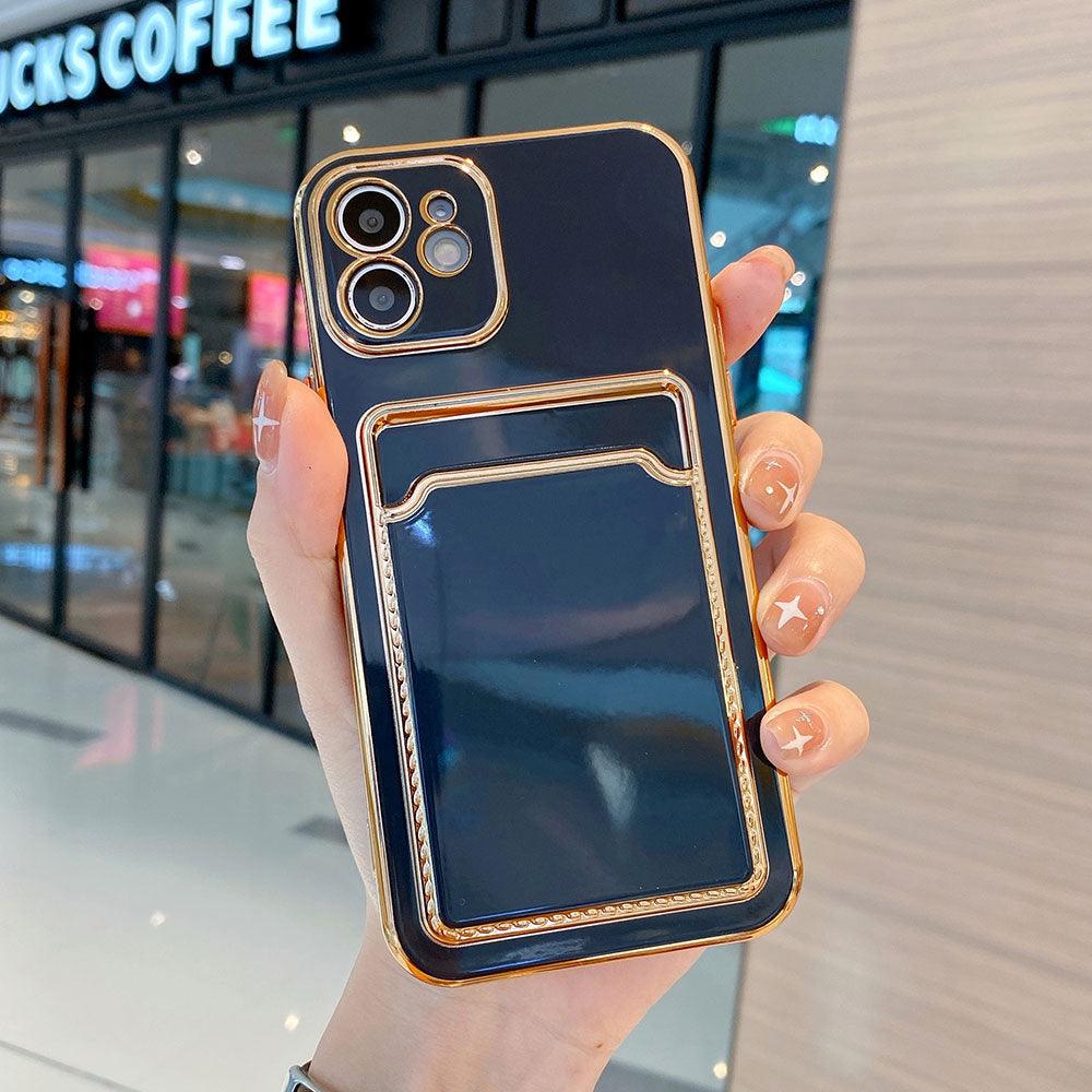 Funda de teléfono de lujo chapada en oro con ranura para tarjetas para iPhone