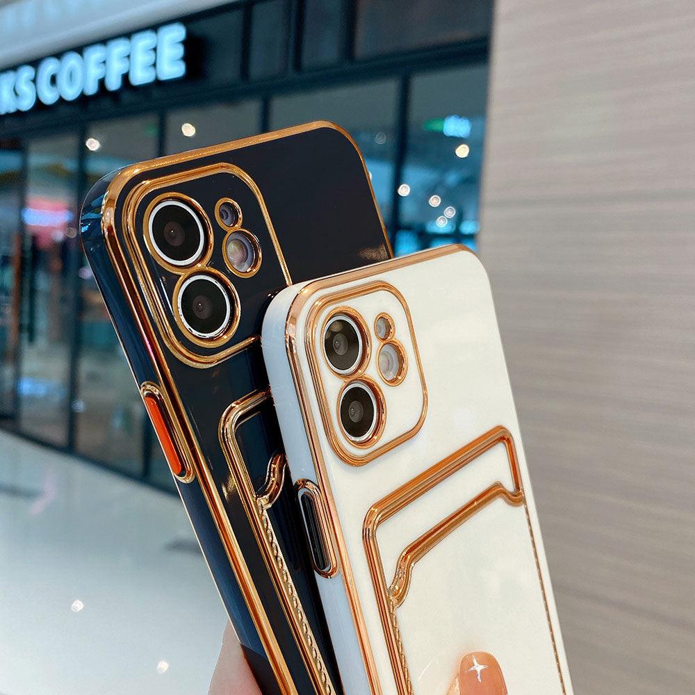 Funda de teléfono de lujo chapada en oro con ranura para tarjetas para iPhone