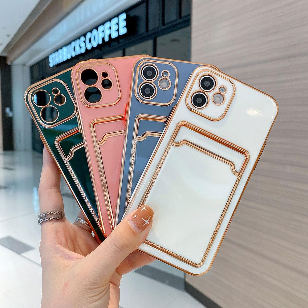 Funda de teléfono de lujo chapada en oro con ranura para tarjetas para iPhone