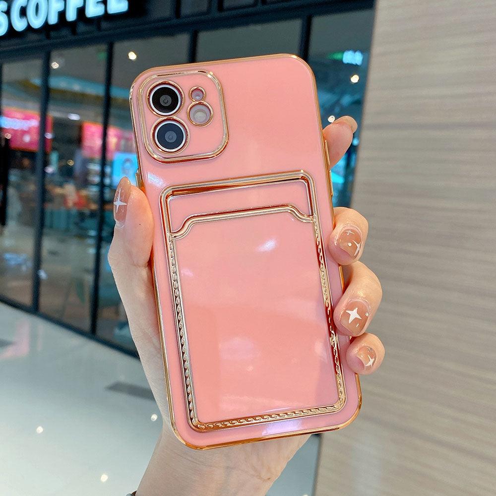 Funda de teléfono de lujo chapada en oro con ranura para tarjetas para iPhone