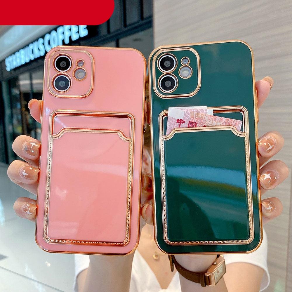 Funda de teléfono de lujo chapada en oro con ranura para tarjetas para iPhone