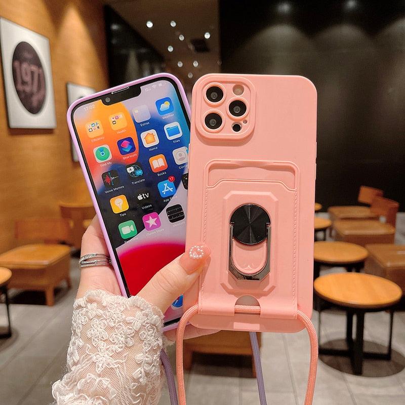 Premium Magnetic Ring Card Holder Case for iPhone 14/13/12/11 with Lanyard and Kickstand - Korvel