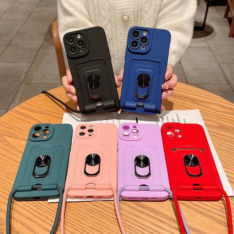 Premium Magnetic Ring Card Holder Case for iPhone 14/13/12/11 with Lanyard and Kickstand - Korvel