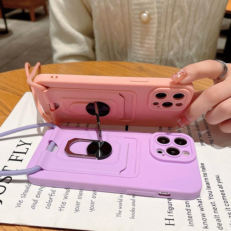 Premium Magnetic Ring Card Holder Case for iPhone 14/13/12/11 with Lanyard and Kickstand - Korvel
