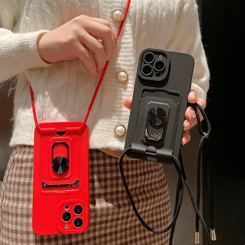 Premium Magnetic Ring Card Holder Case for iPhone 14/13/12/11 with Lanyard and Kickstand - Korvel