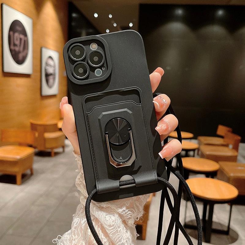 Premium Magnetic Ring Card Holder Case for iPhone 14/13/12/11 with Lanyard and Kickstand - Korvel