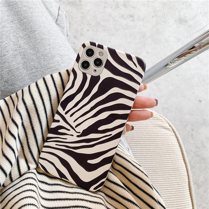 Chic Zebra Print Leather Phone Case for iPhone 14/13/12/11 - Stylish & Protective - Korvel