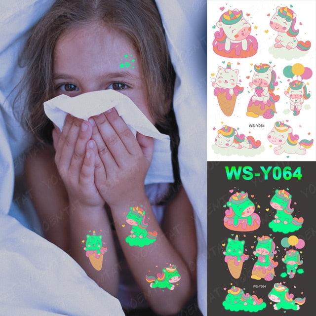 Glow-in-the-Dark Temporary Tattoo Stickers for Kids - Unicorns, Dinosaurs & More - Korvel
