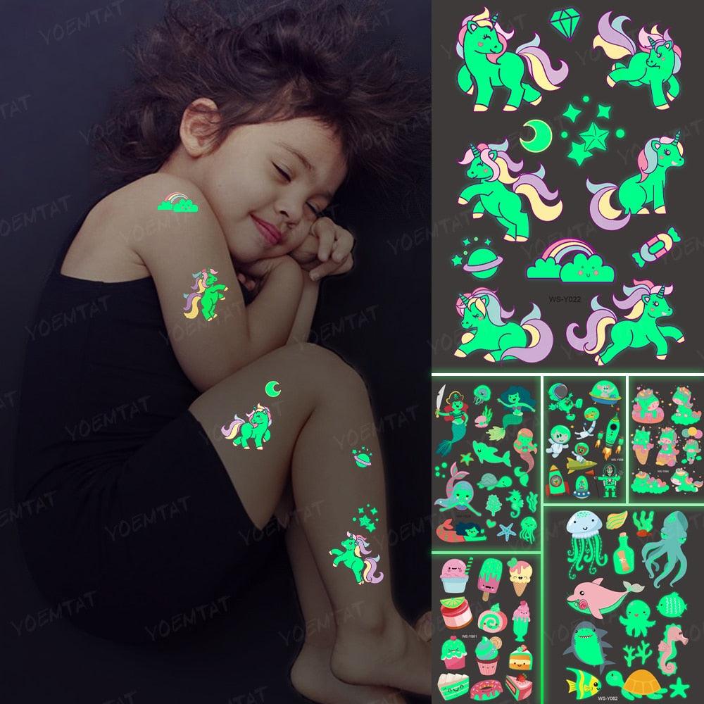 Glow-in-the-Dark Temporary Tattoo Stickers for Kids - Unicorns, Dinosaurs & More - Korvel