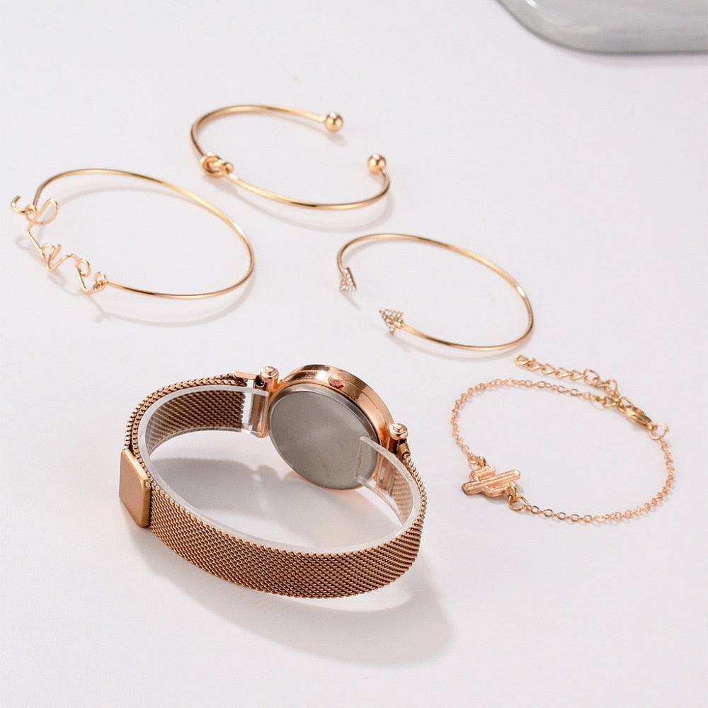 Luxury Rose Gold Starry Sky Dial Watch Set for Women