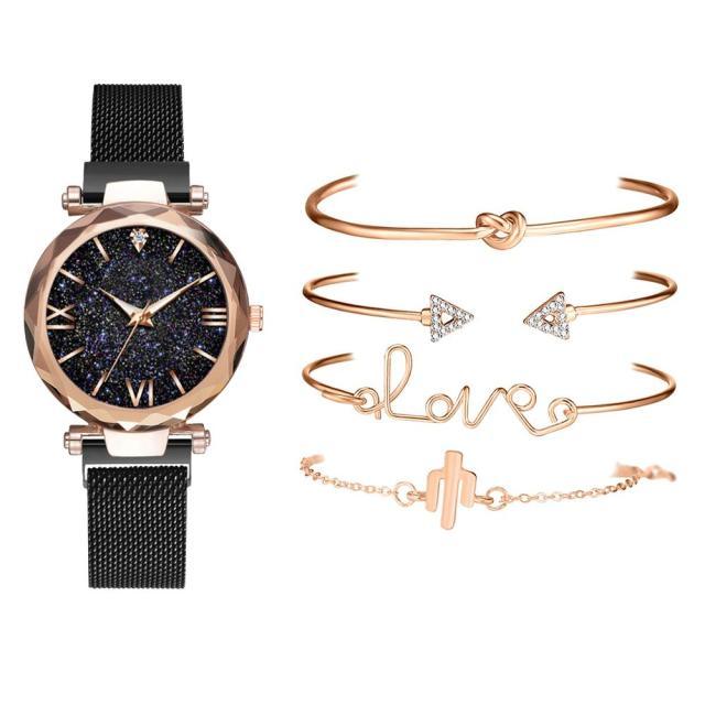 Luxury Rose Gold Starry Sky Dial Watch Set for Women