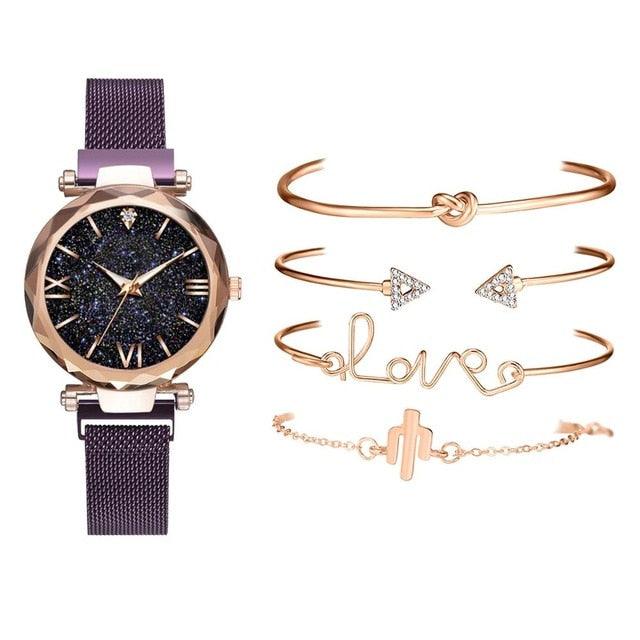 Luxury Rose Gold Starry Sky Dial Watch Set for Women