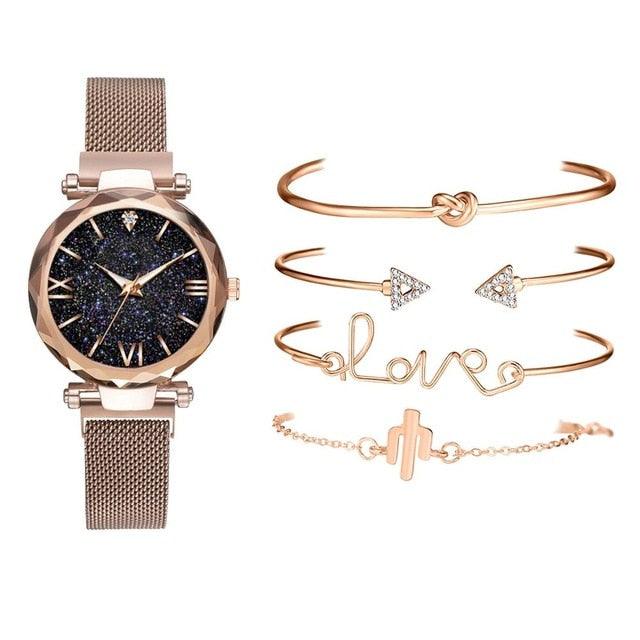Luxury Rose Gold Starry Sky Dial Watch Set for Women