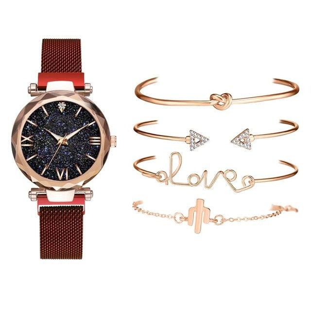 Luxury Rose Gold Starry Sky Dial Watch Set for Women