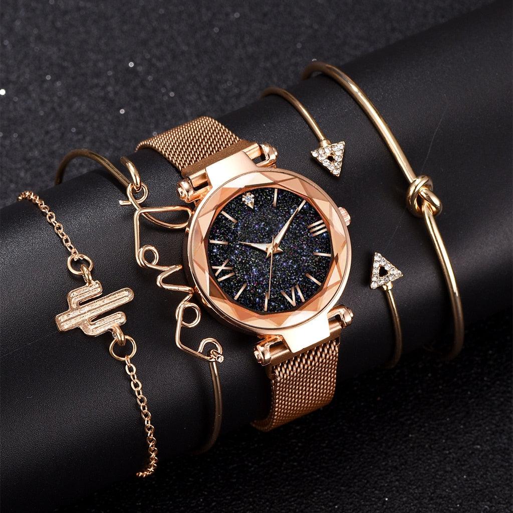Luxury Rose Gold Starry Sky Dial Watch Set for Women