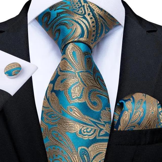 Ensemble de cravate en soie florale de luxe avec pochette et boutons de manchette