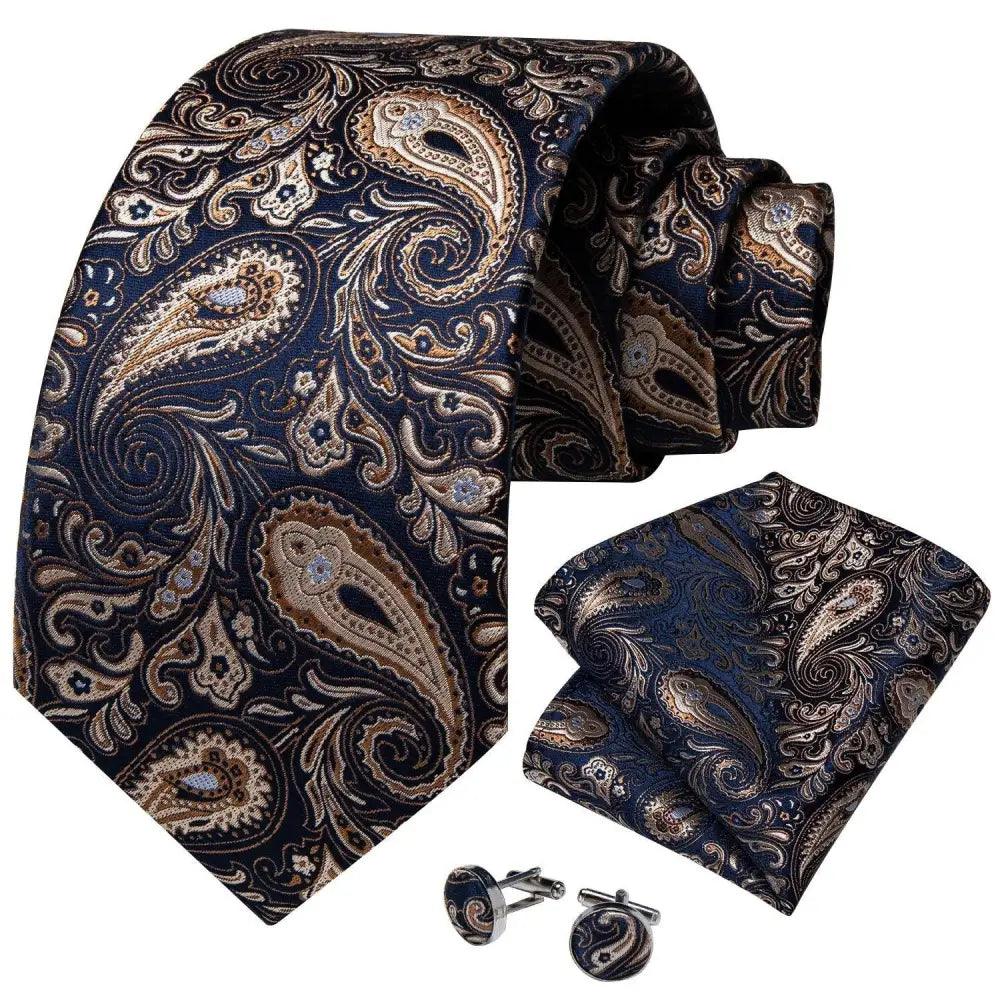 Ensemble de cravate en soie florale de luxe avec pochette et boutons de manchette