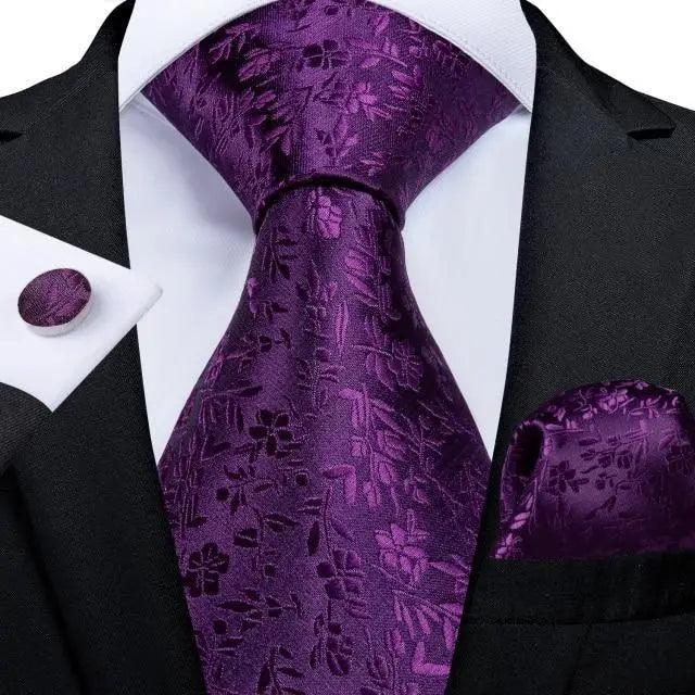 Ensemble de cravate en soie florale de luxe avec pochette et boutons de manchette