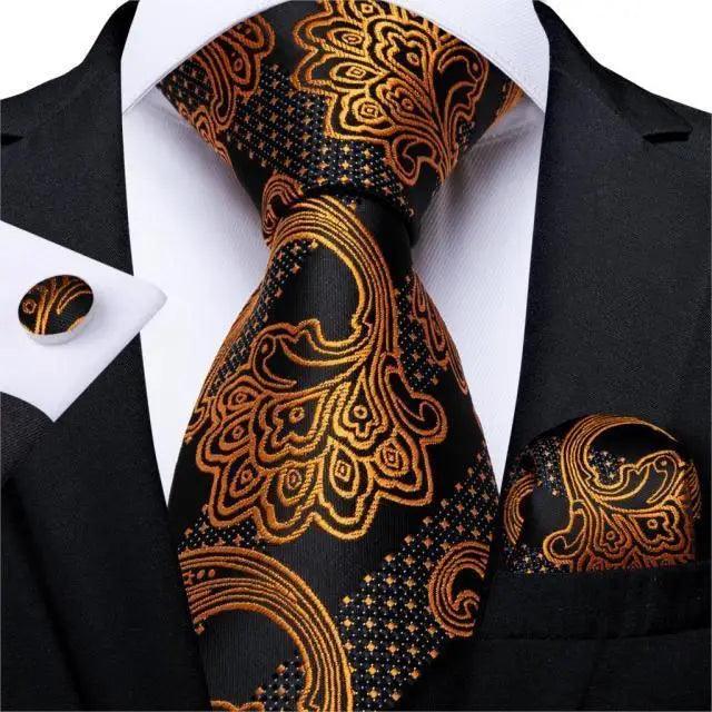 Ensemble de cravate en soie florale de luxe avec pochette et boutons de manchette