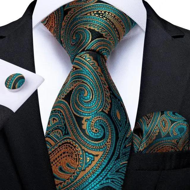 Ensemble de cravate en soie florale de luxe avec pochette et boutons de manchette