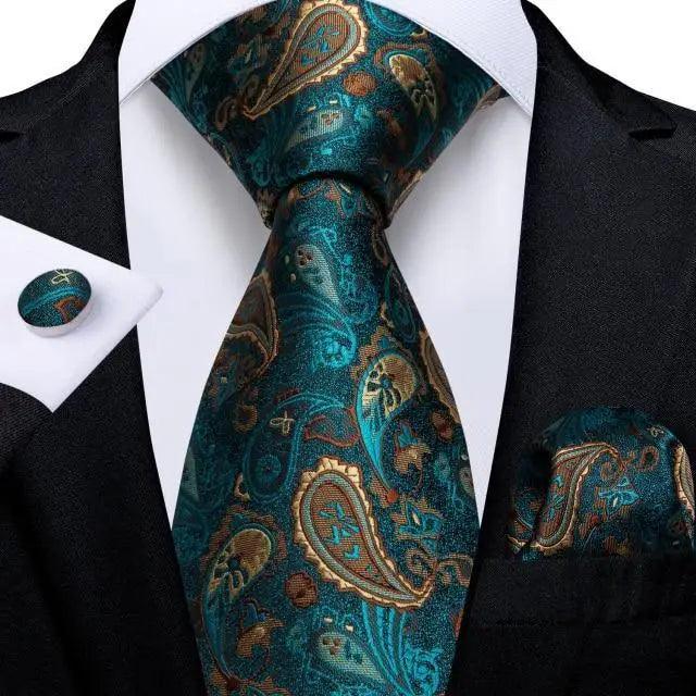 Ensemble de cravate en soie florale de luxe avec pochette et boutons de manchette
