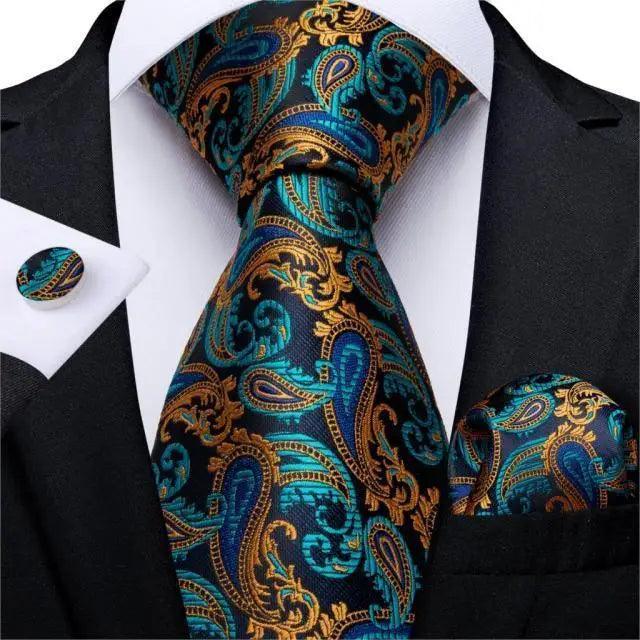 Ensemble de cravate en soie florale de luxe avec pochette et boutons de manchette