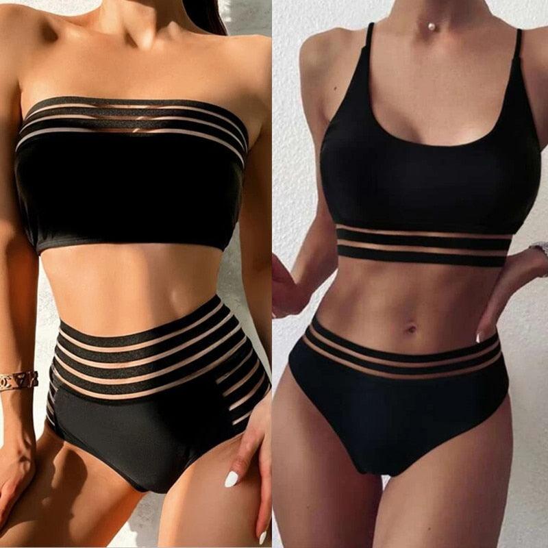 Ensemble de bikini noir taille haute de luxe pour femmes