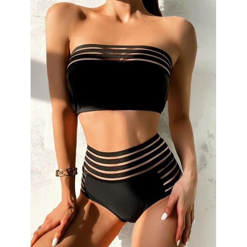 Ensemble de bikini noir taille haute de luxe pour femmes