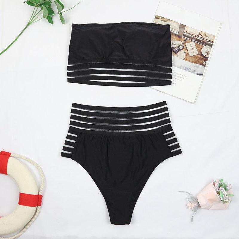 Ensemble de bikini noir taille haute de luxe pour femmes