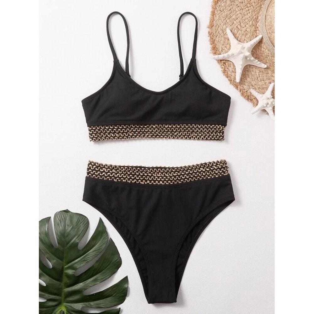 Ensemble de bikini noir taille haute de luxe pour femmes