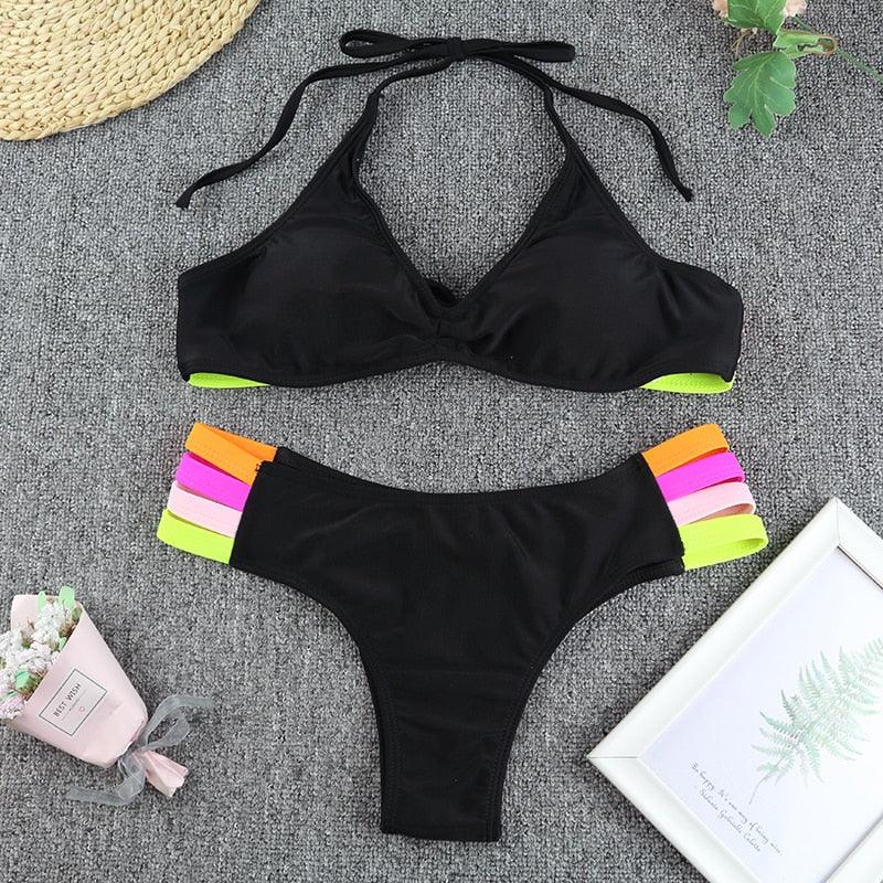 Ensemble de bikini noir taille haute de luxe pour femmes