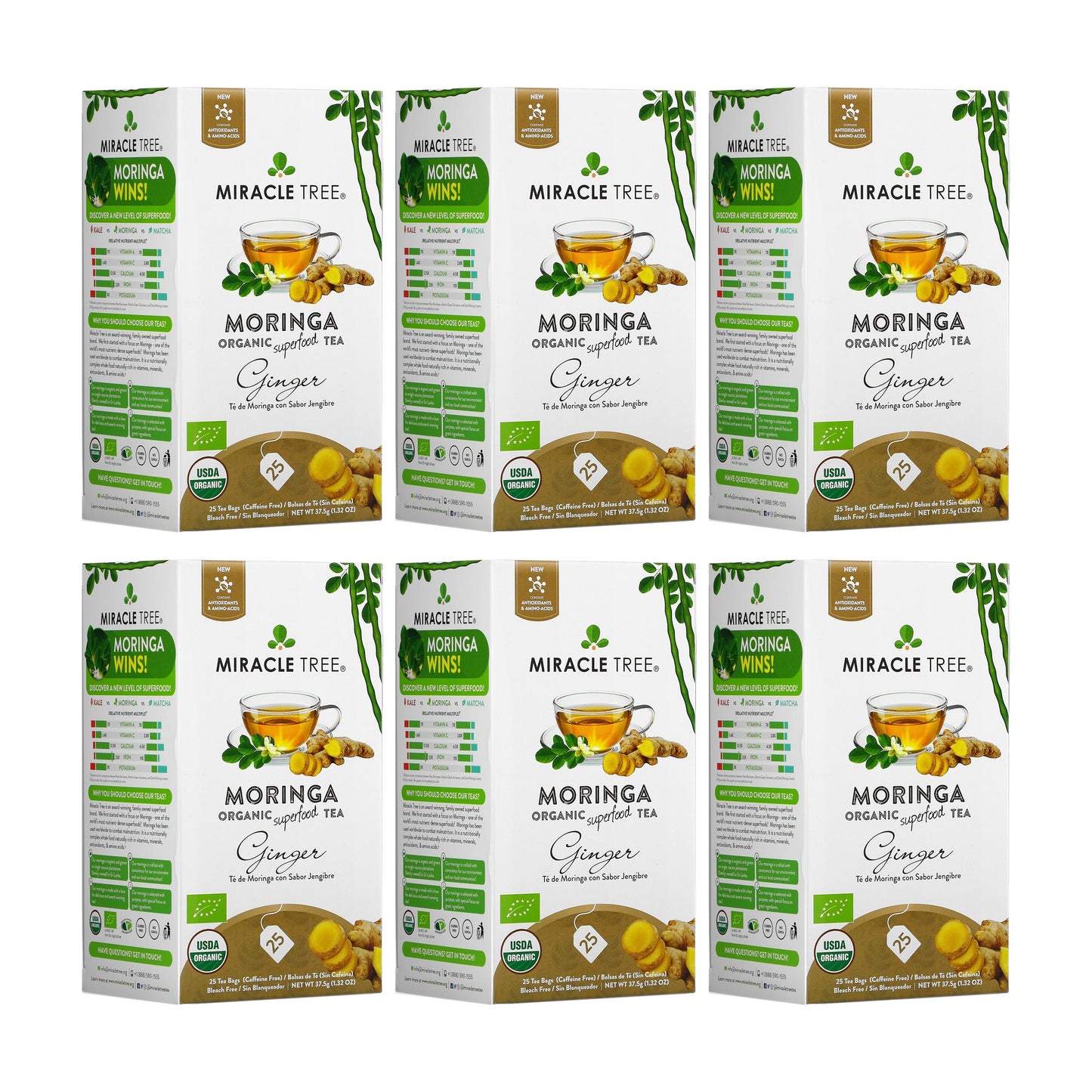 Té Orgánico de Moringa con Jengibre - 25 Bolsitas de Té Envueltas