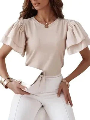 Blusa Sólida Elegante de Cuello Redondo para Oficina