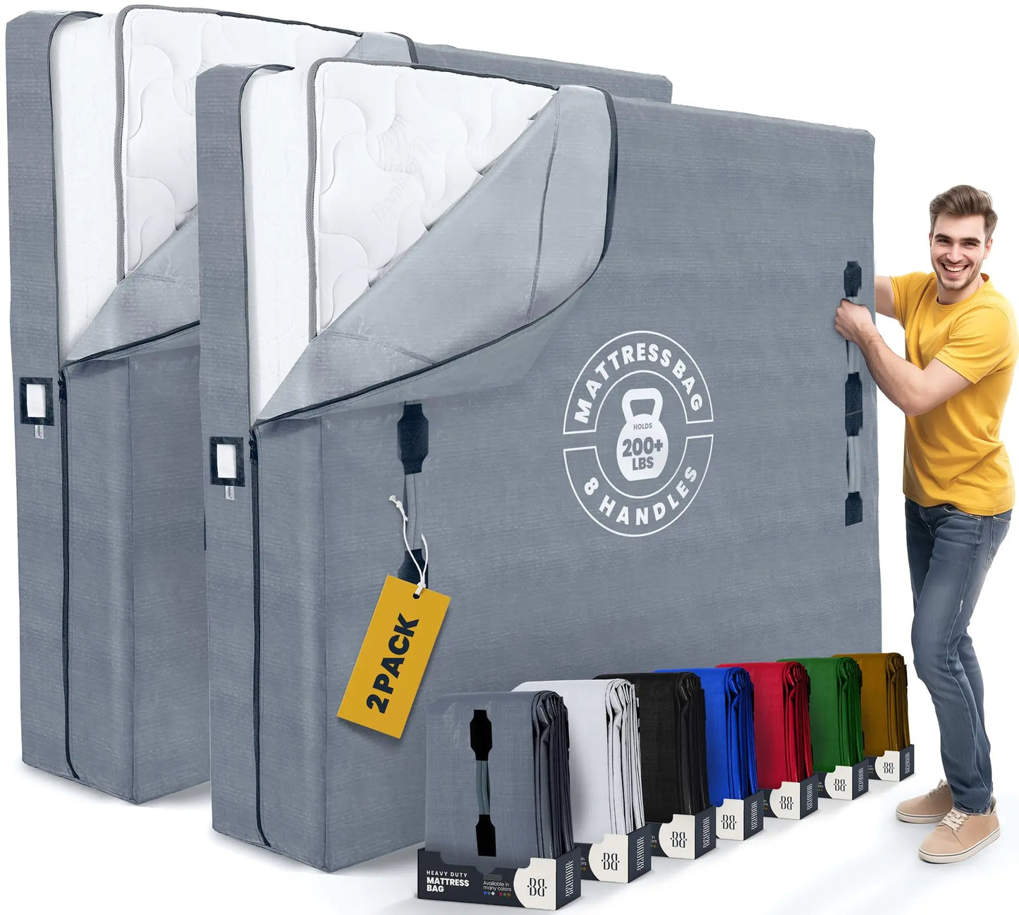 Premium Mattress Bags for Moving - 2 Pack with 8 Handles