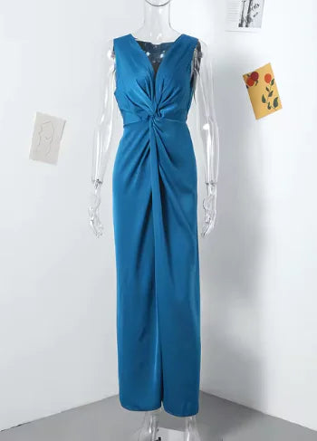 Knotted Evening Long Dress for Women - V-neck Sleeveless Bodycon